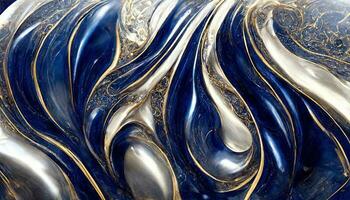 Spectacular abstract glistening blue and metallic silver solid liquid waves. Swirling golden and blue pastel pattern, shining silver color, marble geometric, vintage photo