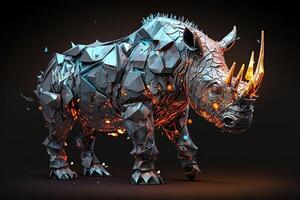 fusion of metal Rhino exploding through fire surrounded by scattered glass shards and debris, cosmic energy photo