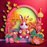 Paper cut quilling multidimensional chinese style cute zodiac rabbit with lanterns, blossom peach flower in background, chinese new year. Lunar new year 2023 concept photo