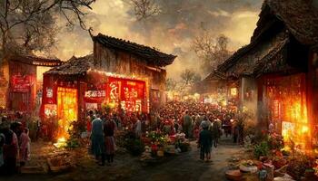 Ancient Chinese village, Chinese New Year, peach flower blossom, multi firework in the sky, bustling market, withered trees. Happy new year concept. Generate AI photo