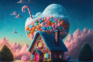 Christmas decorations with colorful gingerbread pink house and colorful candy on white cloud. Winter holidays new year and xmas composition. Amazing fairy Christmas house. photo