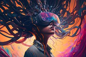 Generative AI illustration of an enthusiastic young women wearing virtual reality goggles is inside the metaverse. Metaverse concept and virtual world elements. Games and entertainment of the digital photo
