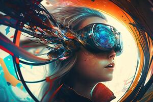 illustration of an enthusiastic young women wearing virtual reality goggles is inside the metaverse. Metaverse concept and virtual world elements. Games and entertainment of the digital photo