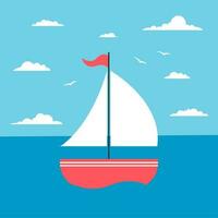 Cute sailboat in sea. Seascape with ship and seagulls. Cartoon vector illustration.