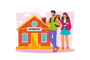 A couple booking a homestay to experience local life vector