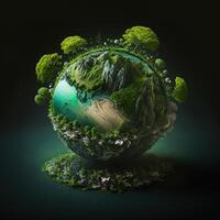 a green mini planet earth, Illustration of planet Earth with a giant tree. Energy saving, ecology and environment sustainable resources conservation concept. photo