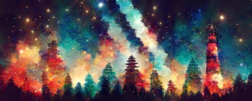 artistic colorful mosaic pattern christmas tree forest milky way at the background. Collage contemporary print with trendy decorative mosaic pattern with different colors, modern art. photo