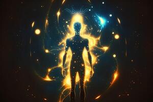 astral cuerpo silueta con resumen espacio antecedentes. esotérico, espiritual vida y meditación concepto. vida futura y conexión con otro mundos creado con generativo ai foto