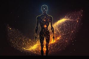 astral cuerpo silueta con resumen espacio antecedentes. esotérico, espiritual vida y meditación concepto. vida futura y conexión con otro mundos creado con generativo ai foto