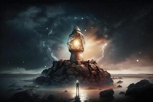 Metal Bronze lighthouse, small hooded figure with lantern at the base, a bright white large glowing ball of electric light at top of light house. technology photo