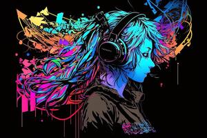 an neon gamer anime fashion girl or woman wearing headphones, lost in her music. abstract background that evokes the feeling of different genres of music. banner music concept photo