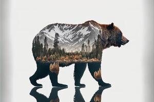 Double exposure of a bear and jungle on white background. Camping concept. Vintage Grizzly for t-shirt design, sticker, poster, and wallpaper. Adventure bear illustration photo