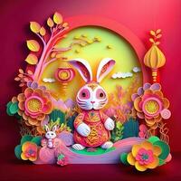 Paper cut quilling multidimensional chinese style cute zodiac rabbit with lanterns, blossom peach flower in background, chinese new year. Lunar new year 2023 concept photo