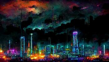 Streets of cyberpunk city, colorful city lights neon signs futuristic steampunk shops, people walking on the street. Industrial cyberpunk neon night city skyline view digital illustration photo