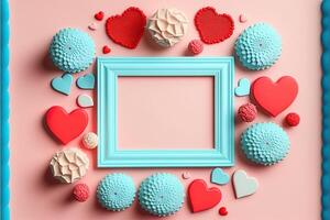 Valentine frame and banner. Red, blue, cyan, pink decoration. flat lay, romantic. Love and valentine day concept. photo