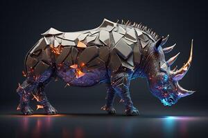 fusion of metal Rhino exploding through fire surrounded by scattered glass shards and debris, cosmic energy photo