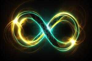 glowing neon infinity symbol in the night. . Infinity, eternity, infinite, endless, loop symbols. photo