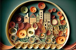 paper quilling style urban design. Multidimensional paper quilling craft illustration a small city. photo