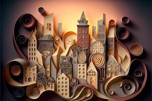 paper quilling style urban design. Multidimensional paper quilling craft illustration a small city. photo