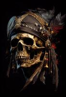 ilustración de un antiguo cráneo pirata en tablero un barco, un retrato de un capitán, un mar lobo, negro fondo, generado ai foto