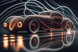 hyper car neon background . Streamline test over the modern car design, diffuse plastic optic, some glowing contours illuminate the car details, dark scene, cinematic lightning photo