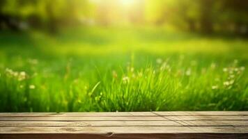 verwirrend Frühling verbreitet Stiftung mit Grün ungebraucht herrlich erregt Gras und reinigen hölzern Tabelle im Natur Morgen öffnen sehen bei. kreativ Ressource, Video Animation