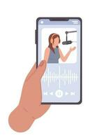 Holding smartphone with podcast app semi flat color vector first view hand. Close up image. Editable icon on white. Simple cartoon style spot illustration for web graphic design and animation