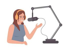 Woman talking into adjustable microphone stand semi flat color vector character. Editable figure. Half body person on white. Simple cartoon style spot illustration for web graphic design and animation