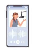 Playing podcast episode on smartphone semi flat color vector device screen. Editable icon. Full sized element on white. Simple cartoon style spot illustration for web graphic design and animation