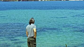 mezzo anziano lungo dai capelli uomo in piedi su il spiaggia e guardare a il mare video