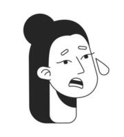 Scared young woman with tears flat line monochromatic vector character head. Mental breakdown. Editable outline avatar icon. 2D cartoon line spot illustration for web graphic design, animation