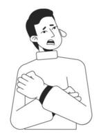 estresado hombre abrazando él mismo y llorando plano línea negro blanco vector personaje. editable aislado contorno medio cuerpo persona. sencillo dibujos animados estilo Mancha ilustración para web gráfico diseño, animación