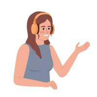 Smiling girl with headphones talking semi flat color vector character. Editable figure. Half body person on white. Simple cartoon style spot illustration for web graphic design and animation