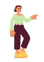 Smiling woman pointing with index finger semi flat colorful vector character. Show direction. Editable full body person on white. Simple cartoon spot illustration for web graphic design and animation