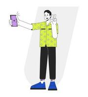 Generation z boy taking selfie full body flat line vector spot illustration. Teen posing on cell phone 2D cartoon outline character on white for web UI design. Editable isolated colorful hero image