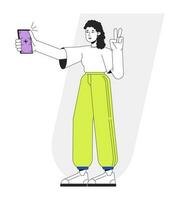 Millennial girl taking selfie full body flat line vector spot illustration. Teen posing on phone camera 2D cartoon outline character on white for web UI design. Editable isolated colorful hero image