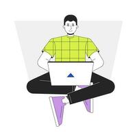 Computer specialist working on laptop flat line vector spot illustration. Young man sitting with notebook 2D cartoon outline character on white for web UI design. Editable isolated colorful hero image
