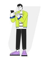 Smiling man dialing number on cellphone to call flat line vector spot illustration. Gadget guy 2D cartoon outline character on white for web UI design. Editable isolated colorful hero image