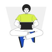 Man holding tablet flat line vector spot illustration. Afro hairstyle guy sitting with electronic gadget 2D cartoon outline character on white for web UI design. Editable isolated colorful hero image
