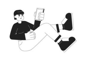 Girl holding phone sitting with legs up monochromatic flat vector character. Enjoy gadget. Editable thin line full body person on white. Simple bw cartoon spot image for web graphic design, animation