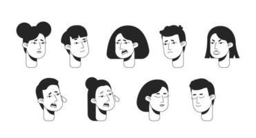 Feeling overwhelmed flat line monochromatic vector character heads pack. Mental health issues. Editable outline avatar icons. 2D cartoon line spot illustration bundle for web graphic design, animation