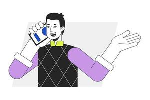 Extroverted man having conversation on phone flat line vector spot illustration. Making business call 2D cartoon outline character on white for web UI design. Editable isolated colorful hero image