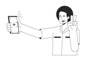 Guy with victory gesture posing for selfie bw vector spot illustration. Afro man 2D cartoon flat line monochromatic character on white for web UI design. Editable isolated outline hero image