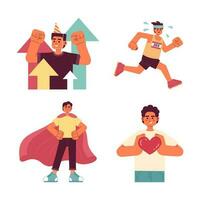 Personal development flat concept vector spot illustration set. Building self growth 2D cartoon characters on white for web UI design. Self improvement for men isolated editable hero image pack