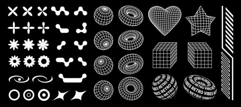 Collection of retro Y2K forms, shapes and 3d mesh objects, 2000s graphic design elements, 00s aesthetic set.