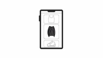 geanimeerd bw garderobe app Aan telefoon. vegen smartphone scherm 2d tekenfilm monochroom vlak animatie. zetten outfits samen 4k video concept beeldmateriaal met alpha kanaal transparantie voor web ontwerp