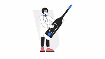 Using digital thermometer animation. Animated afro haired medical professional 2D cartoon flat colour line character. 4K video concept footage on white with alpha channel transparency for web design