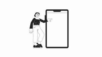 Animated bw woman with phone mockup. Thin line monochrome template concept 4K video footage. Lady tapping mobile touchscreen isolated cartoon black white animation with alpha channel transparency