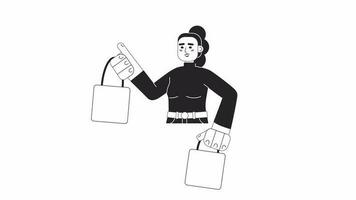 Animated bw happy shopper holds bags. Young woman after Black Friday animation. Isolated 2D flat monochromatic line character 4K video footage on white with alpha channel transparency for web design