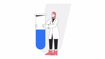 animiert weiblich medizinisch Techniker. Labor testen 2d Karikatur eben Farbe Linie Charakter Animation. klinisch Forschung 4k Video Konzept Aufnahmen auf Weiß mit Alpha Kanal Transparenz zum Netz Design